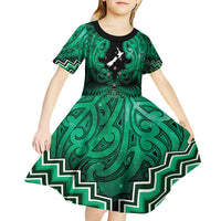 Personalised Aotearoa Matariki Kid Short Sleeve Dress Green Fern Maori Poutama