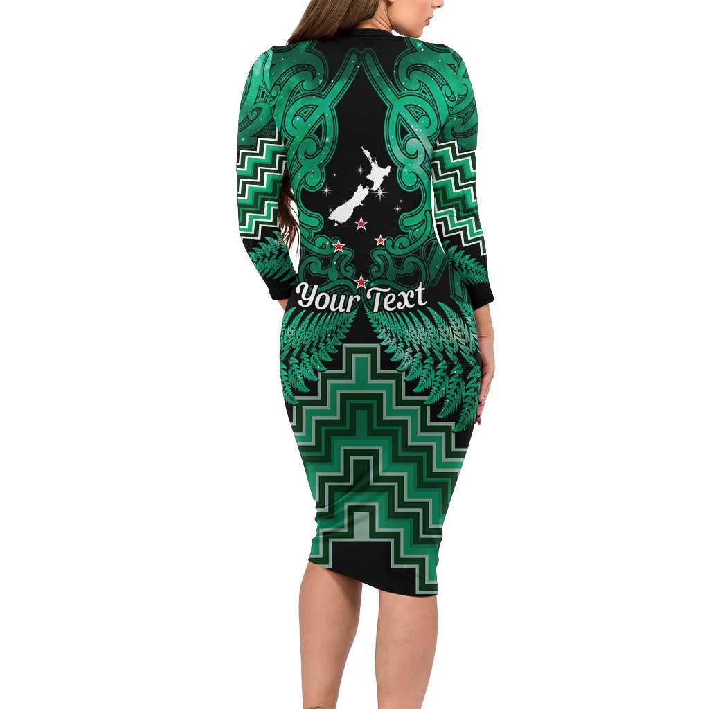 Personalised Aotearoa Matariki Long Sleeve Bodycon Dress Green Fern Maori Poutama