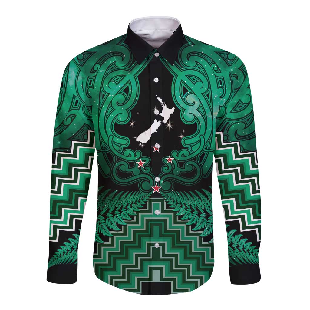 Personalised Aotearoa Matariki Long Sleeve Button Shirt Green Fern Maori Poutama LT01 Unisex Green - Polynesian Pride