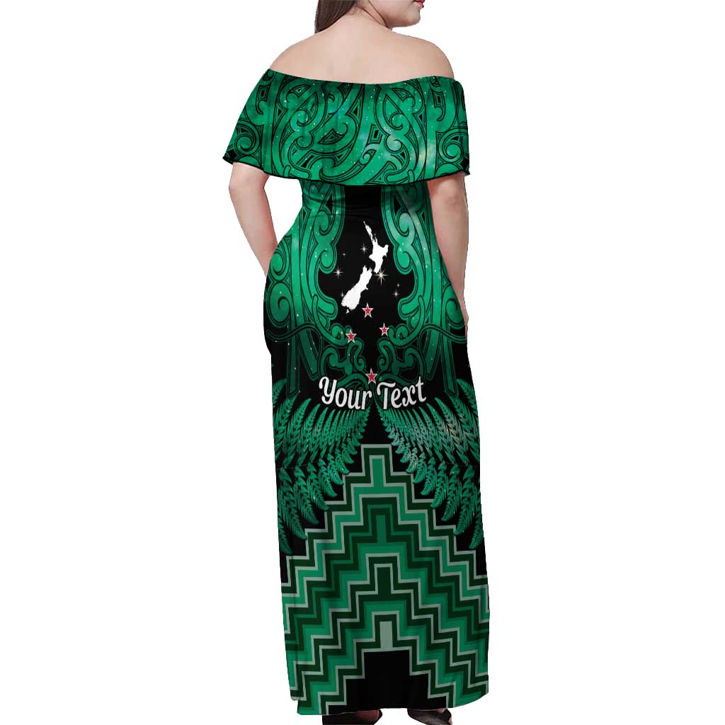 Personalised Aotearoa Matariki Off Shoulder Maxi Dress Green Fern Maori Poutama