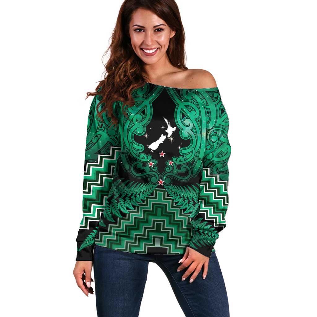 Personalised Aotearoa Matariki Off Shoulder Sweater Green Fern Maori Poutama