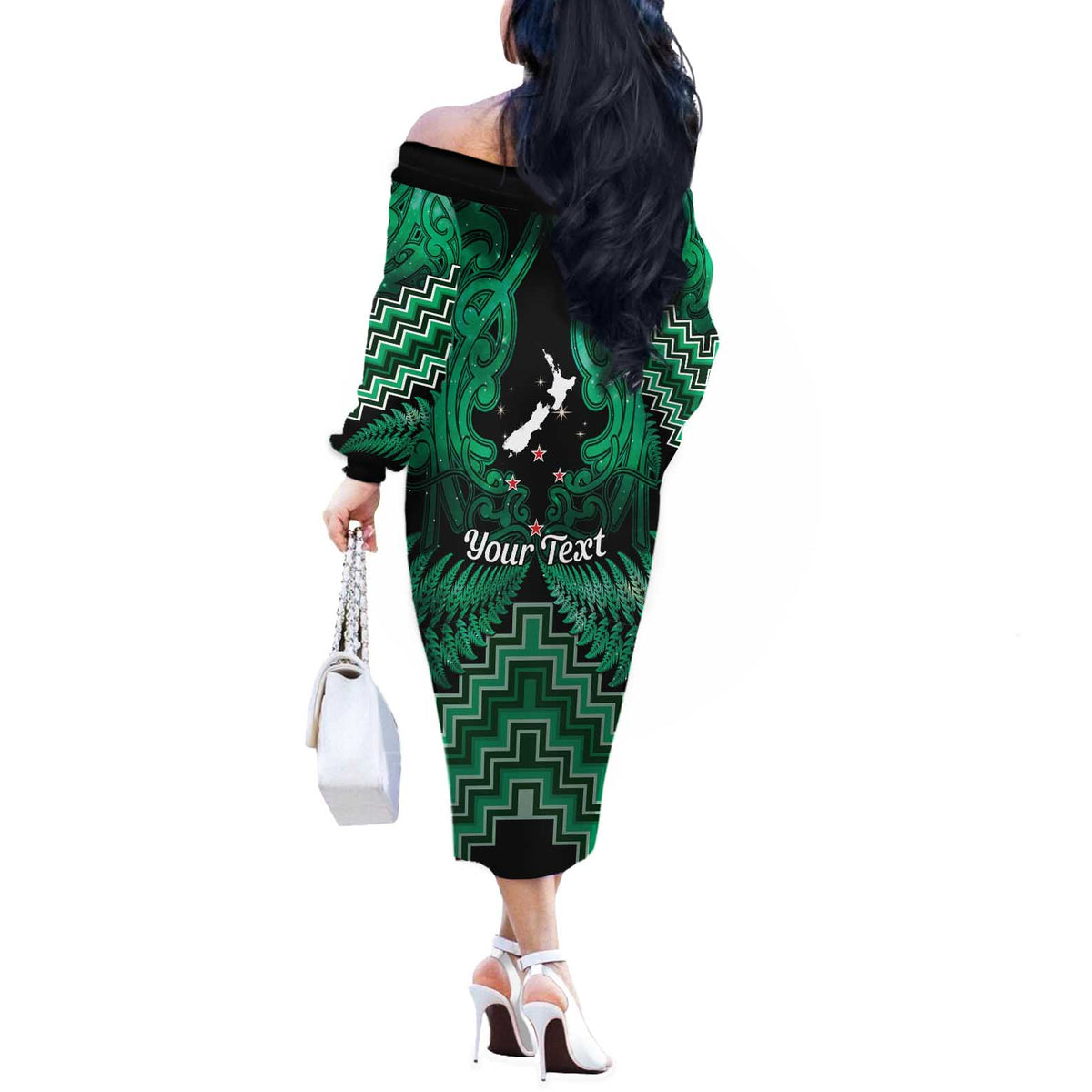 Personalised Aotearoa Matariki Off The Shoulder Long Sleeve Dress Green Fern Maori Poutama