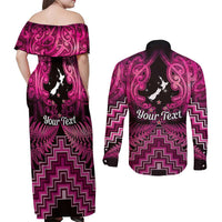 Personalised Aotearoa Matariki Couples Matching Off Shoulder Maxi Dress and Long Sleeve Button Shirt Pink Fern Maori Poutama
