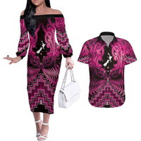 Personalised Aotearoa Matariki Couples Matching Off The Shoulder Long Sleeve Dress and Hawaiian Shirt Pink Fern Maori Poutama