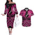 Personalised Aotearoa Matariki Couples Matching Off The Shoulder Long Sleeve Dress and Hawaiian Shirt Pink Fern Maori Poutama