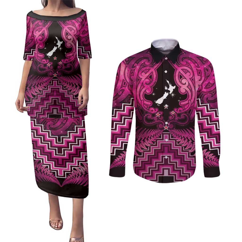 Personalised Aotearoa Matariki Couples Matching Puletasi and Long Sleeve Button Shirt Pink Fern Maori Poutama