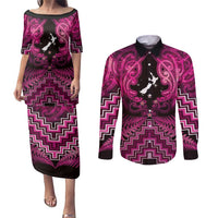 Personalised Aotearoa Matariki Couples Matching Puletasi and Long Sleeve Button Shirt Pink Fern Maori Poutama
