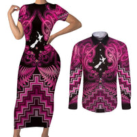 Personalised Aotearoa Matariki Couples Matching Short Sleeve Bodycon Dress and Long Sleeve Button Shirt Pink Fern Maori Poutama
