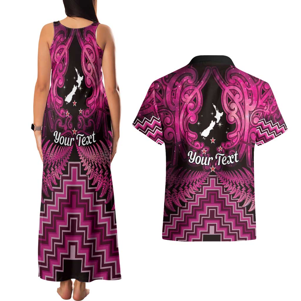 Personalised Aotearoa Matariki Couples Matching Tank Maxi Dress and Hawaiian Shirt Pink Fern Maori Poutama