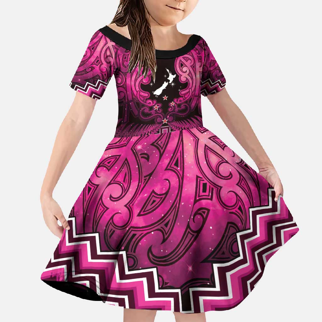 Personalised Aotearoa Matariki Family Matching Long Sleeve Bodycon Dress and Hawaiian Shirt Pink Fern Maori Poutama