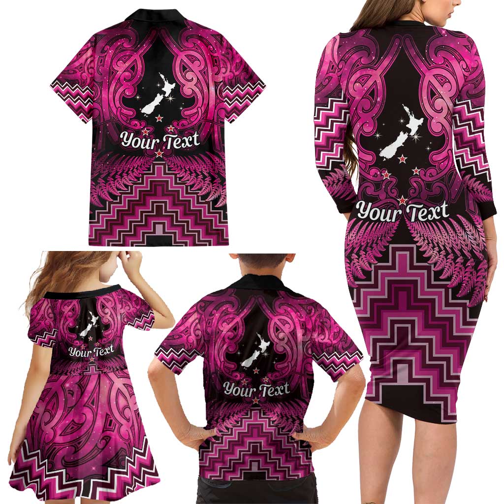 Personalised Aotearoa Matariki Family Matching Long Sleeve Bodycon Dress and Hawaiian Shirt Pink Fern Maori Poutama