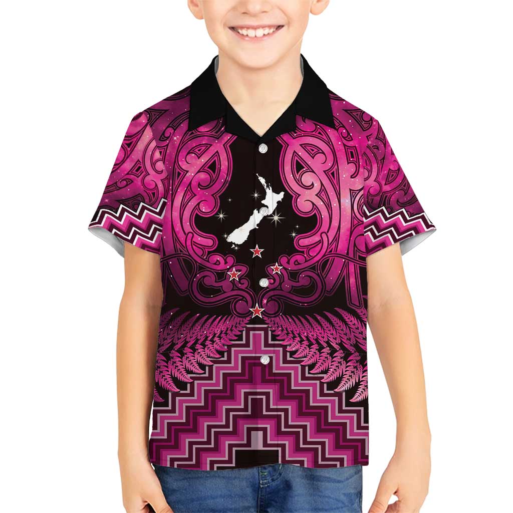 Personalised Aotearoa Matariki Family Matching Long Sleeve Bodycon Dress and Hawaiian Shirt Pink Fern Maori Poutama