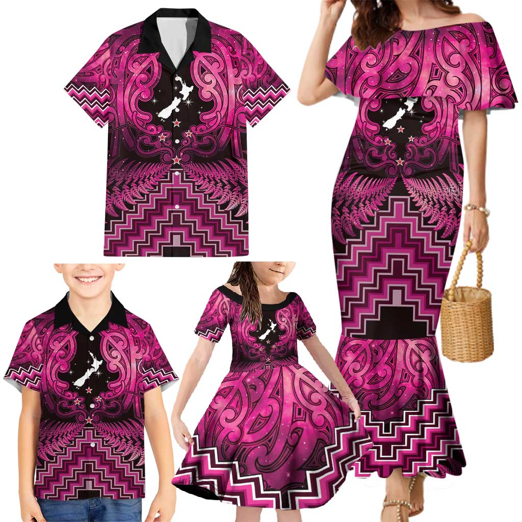Personalised Aotearoa Matariki Family Matching Mermaid Dress and Hawaiian Shirt Pink Fern Maori Poutama
