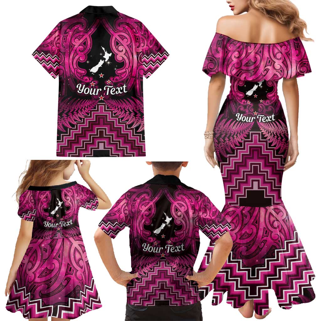 Personalised Aotearoa Matariki Family Matching Mermaid Dress and Hawaiian Shirt Pink Fern Maori Poutama