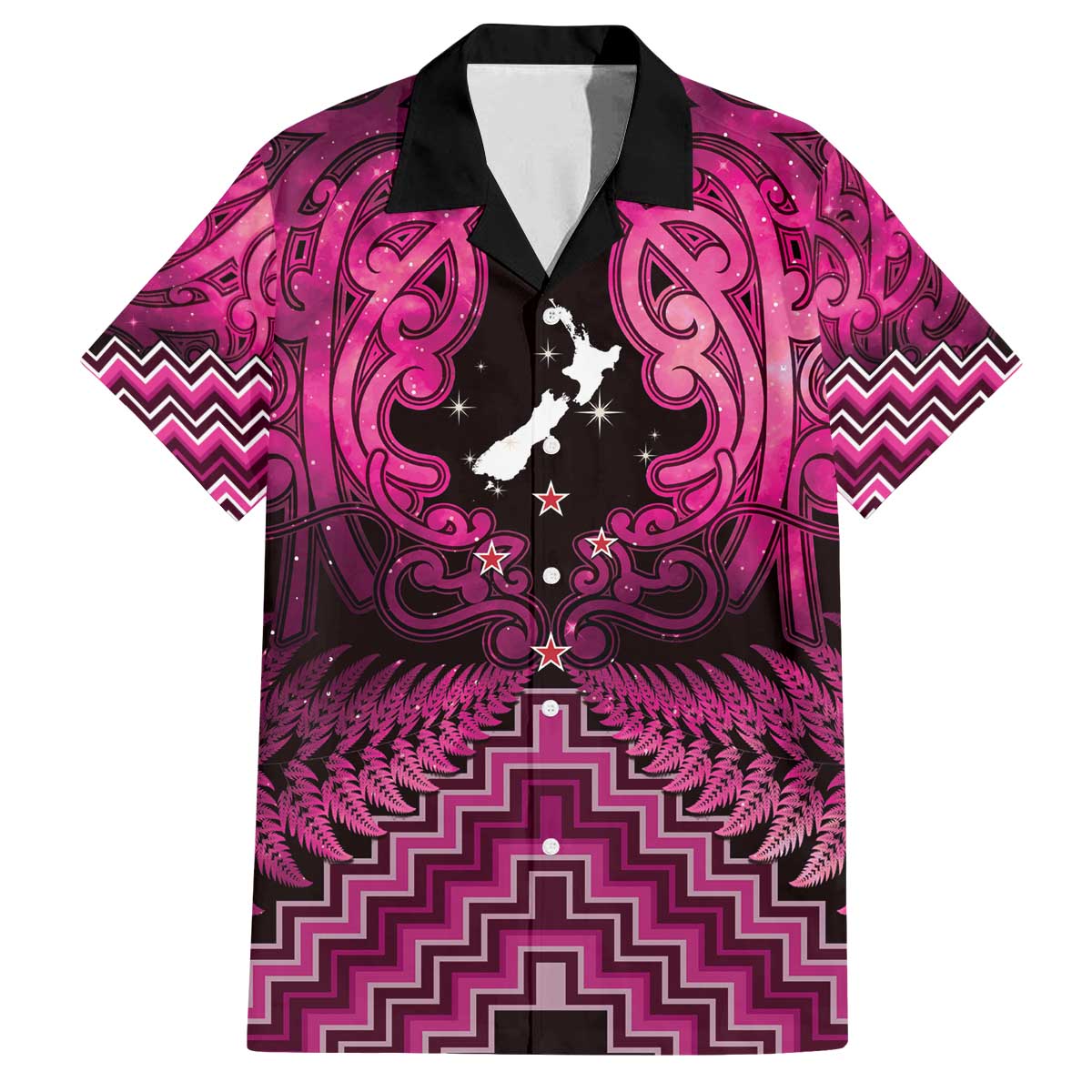 Personalised Aotearoa Matariki Family Matching Off The Shoulder Long Sleeve Dress and Hawaiian Shirt Pink Fern Maori Poutama