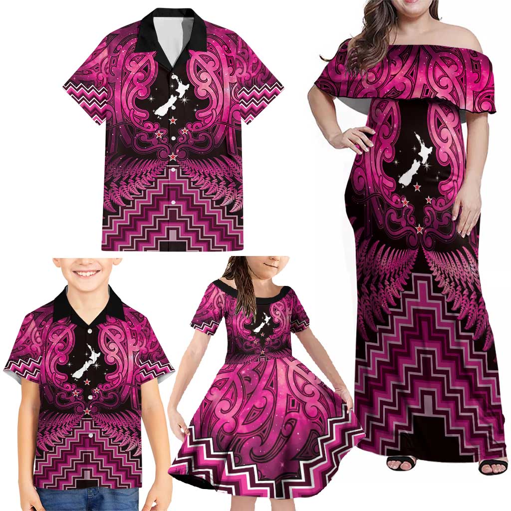 Personalised Aotearoa Matariki Family Matching Off Shoulder Maxi Dress and Hawaiian Shirt Pink Fern Maori Poutama