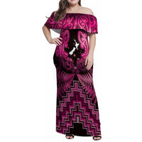 Personalised Aotearoa Matariki Family Matching Off Shoulder Maxi Dress and Hawaiian Shirt Pink Fern Maori Poutama