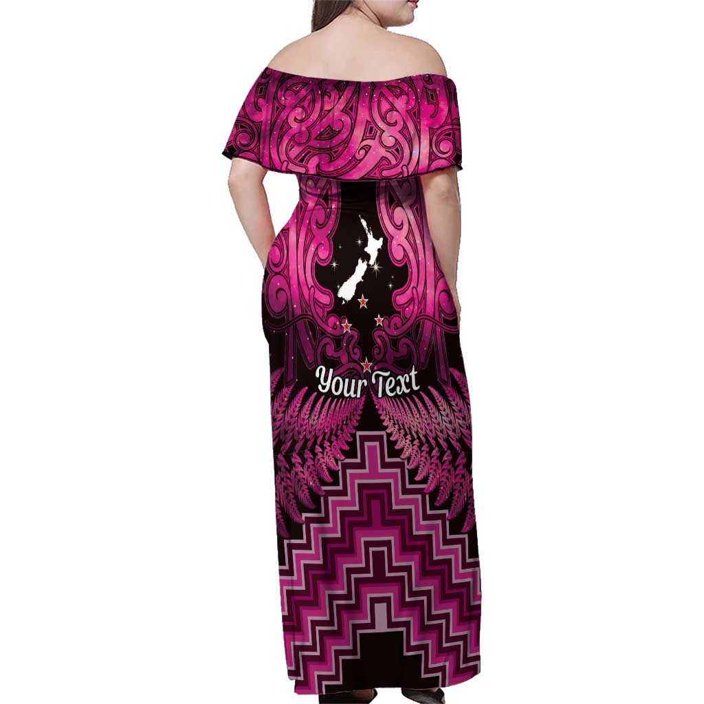 Personalised Aotearoa Matariki Family Matching Off Shoulder Maxi Dress and Hawaiian Shirt Pink Fern Maori Poutama