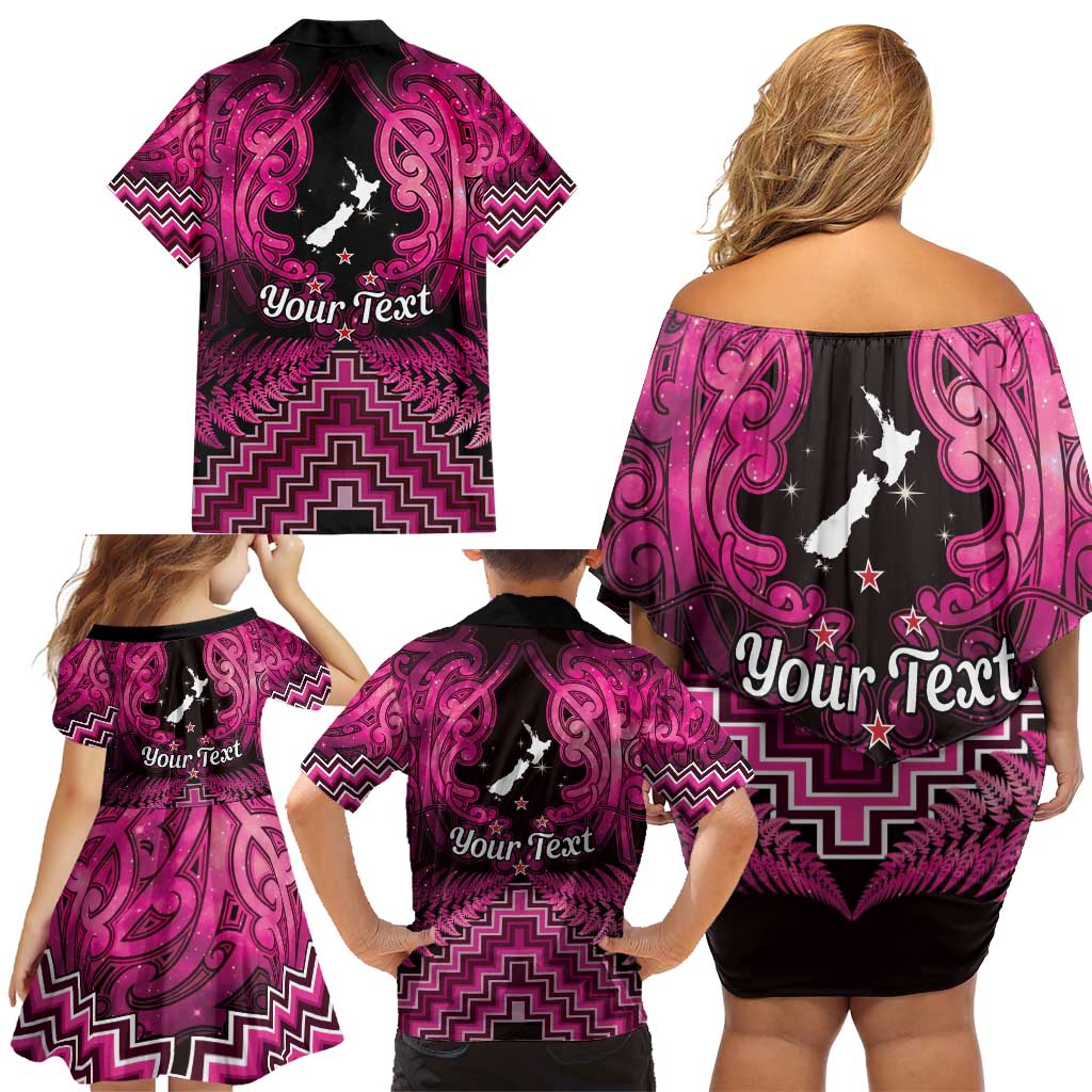 Personalised Aotearoa Matariki Family Matching Off Shoulder Short Dress and Hawaiian Shirt Pink Fern Maori Poutama