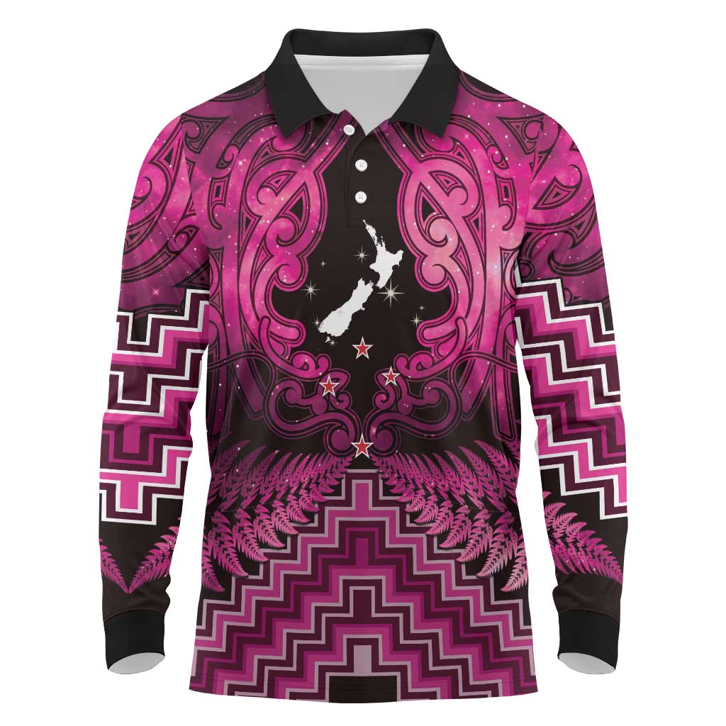 Personalised Aotearoa Matariki Long Sleeve Polo Shirt Pink Fern Maori Poutama