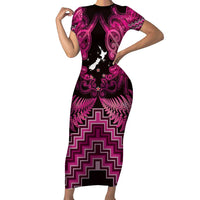 Personalised Aotearoa Matariki Short Sleeve Bodycon Dress Pink Fern Maori Poutama