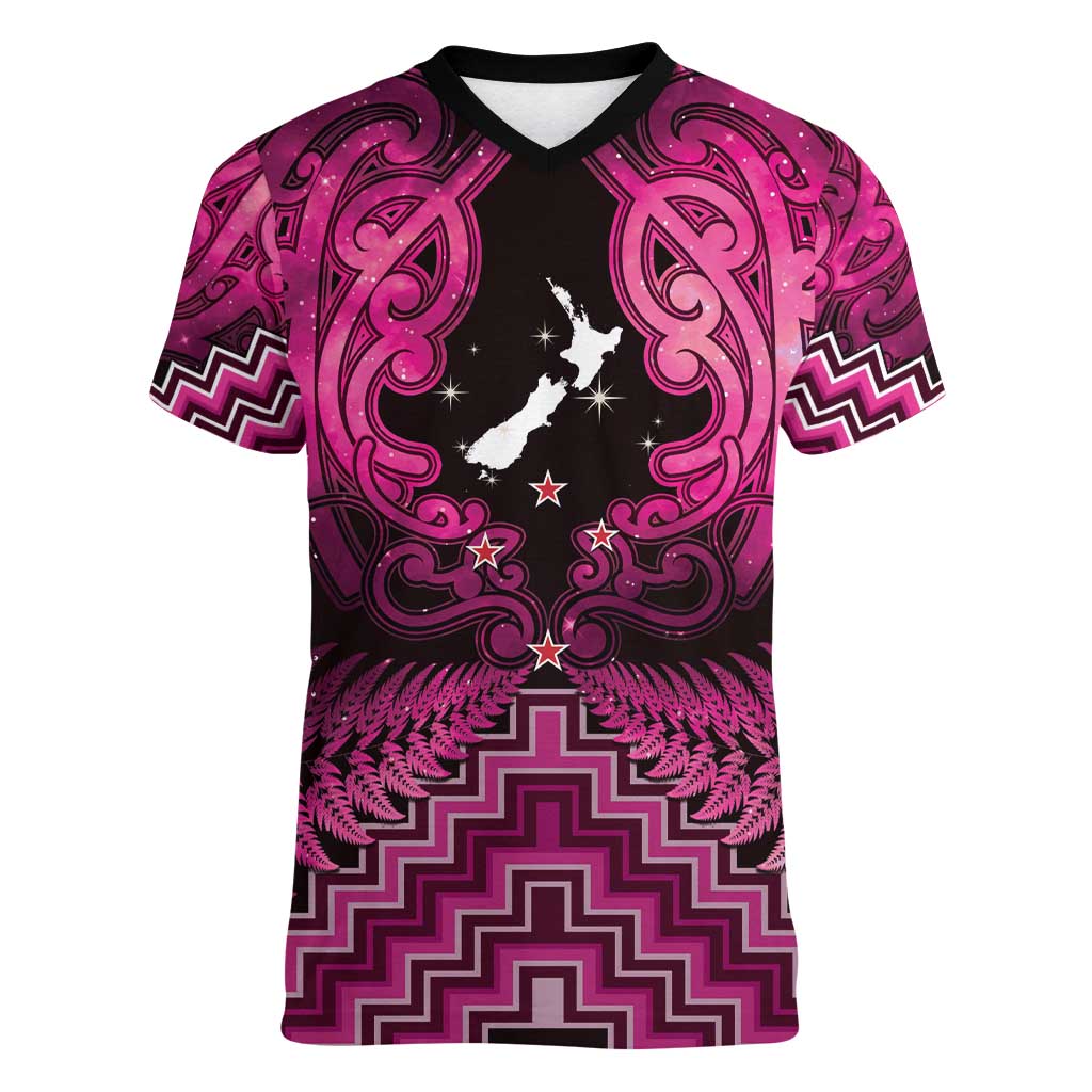 Personalised Aotearoa Matariki Women V-Neck T-Shirt Pink Fern Maori Poutama