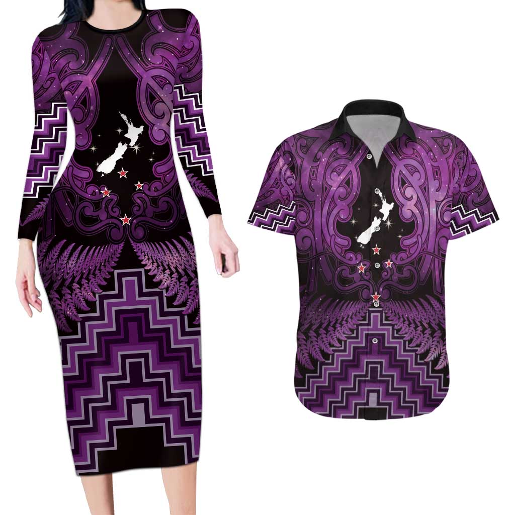 Personalised Aotearoa Matariki Couples Matching Long Sleeve Bodycon Dress and Hawaiian Shirt Purple Fern Maori Poutama