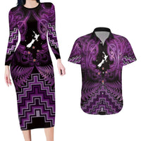 Personalised Aotearoa Matariki Couples Matching Long Sleeve Bodycon Dress and Hawaiian Shirt Purple Fern Maori Poutama