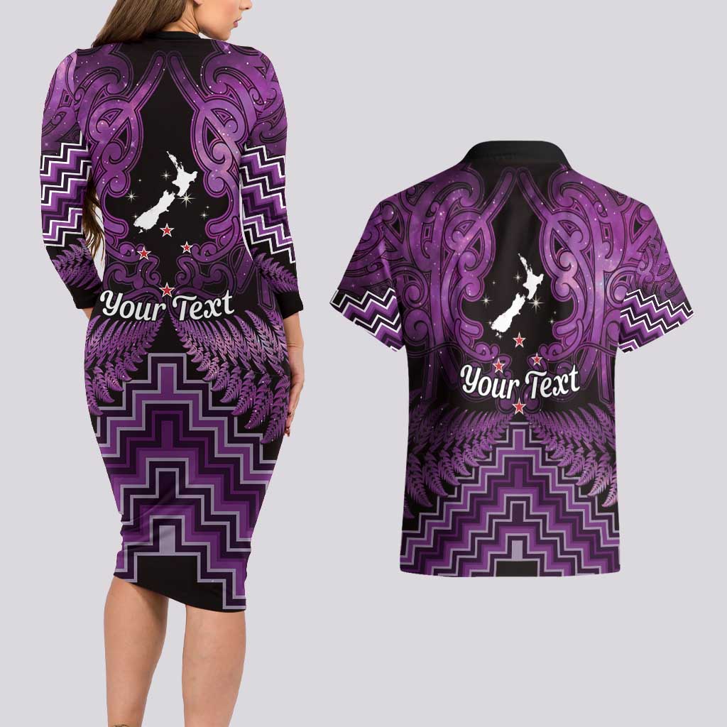 Personalised Aotearoa Matariki Couples Matching Long Sleeve Bodycon Dress and Hawaiian Shirt Purple Fern Maori Poutama