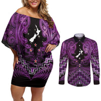 Personalised Aotearoa Matariki Couples Matching Off Shoulder Short Dress and Long Sleeve Button Shirt Purple Fern Maori Poutama