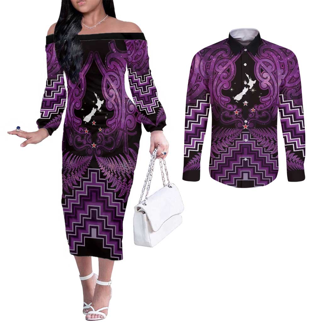 Personalised Aotearoa Matariki Couples Matching Off The Shoulder Long Sleeve Dress and Long Sleeve Button Shirt Purple Fern Maori Poutama