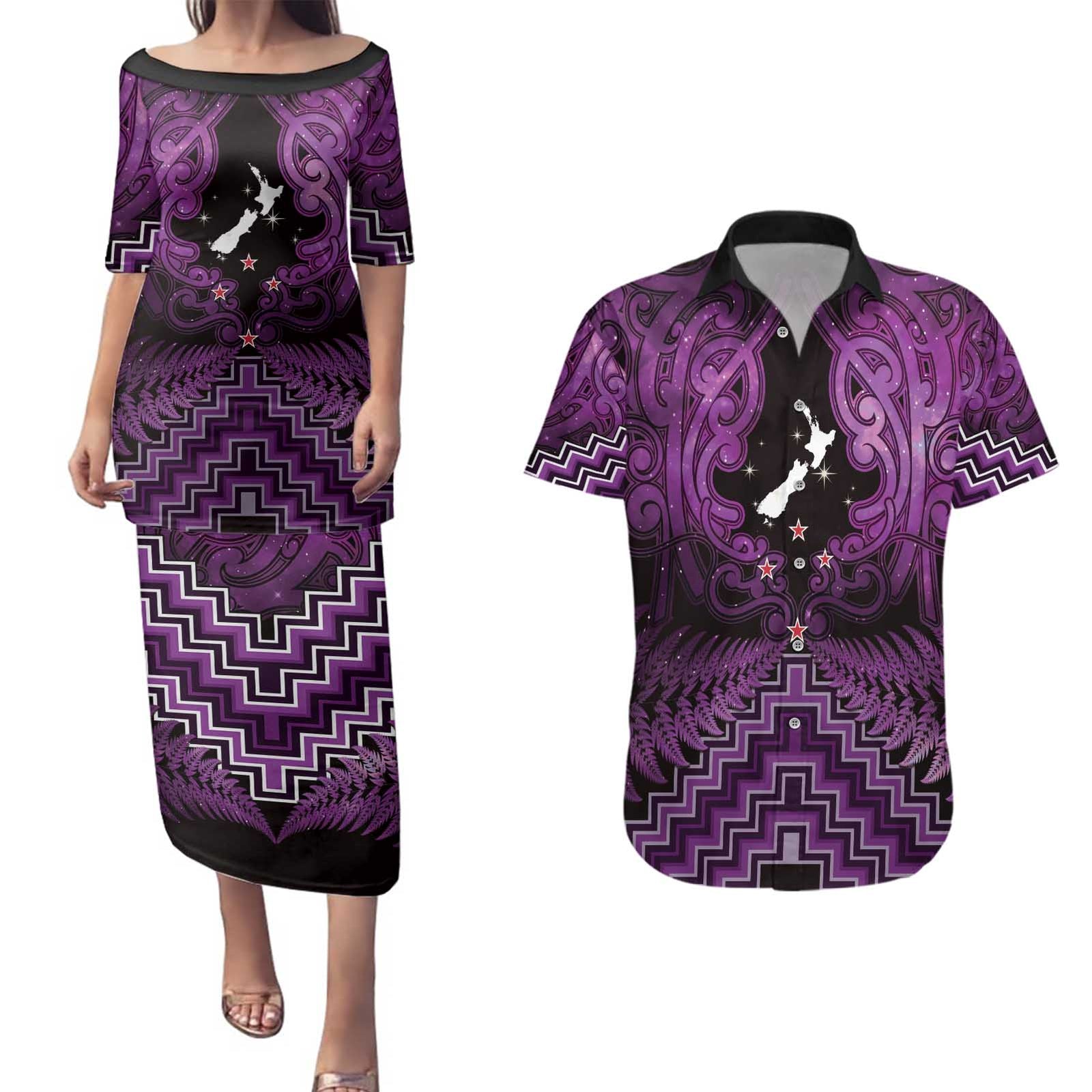 Personalised Aotearoa Matariki Couples Matching Puletasi and Hawaiian Shirt Purple Fern Maori Poutama LT01 Purple - Polynesian Pride