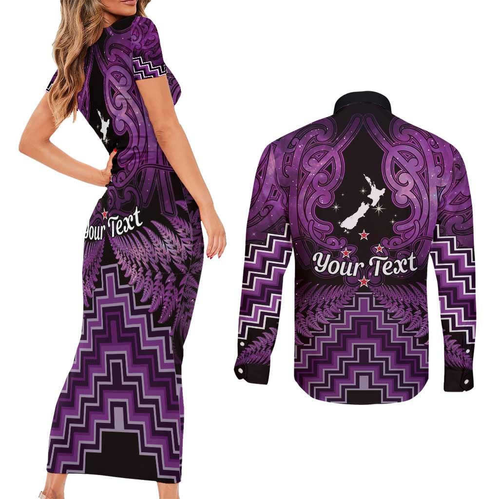 Personalised Aotearoa Matariki Couples Matching Short Sleeve Bodycon Dress and Long Sleeve Button Shirt Purple Fern Maori Poutama
