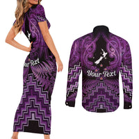 Personalised Aotearoa Matariki Couples Matching Short Sleeve Bodycon Dress and Long Sleeve Button Shirt Purple Fern Maori Poutama