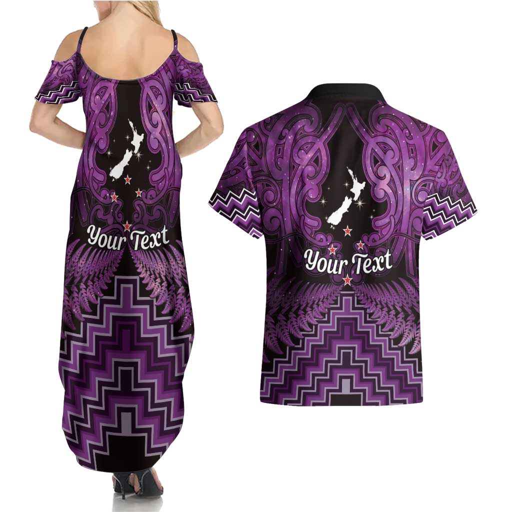 Personalised Aotearoa Matariki Couples Matching Summer Maxi Dress and Hawaiian Shirt Purple Fern Maori Poutama