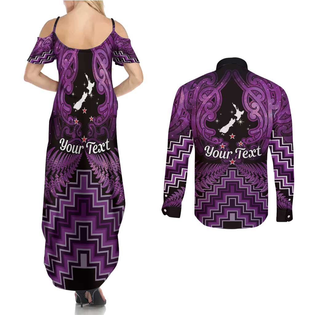 Personalised Aotearoa Matariki Couples Matching Summer Maxi Dress and Long Sleeve Button Shirt Purple Fern Maori Poutama