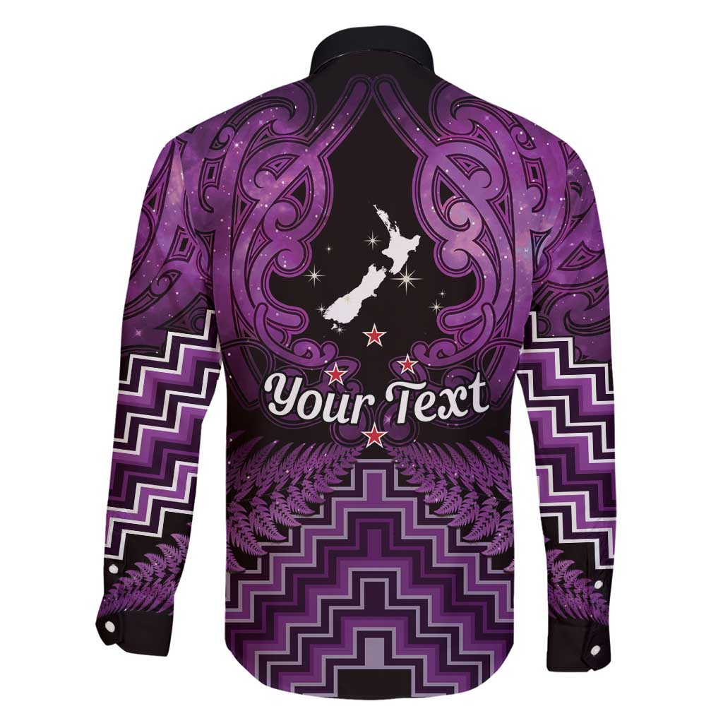Personalised Aotearoa Matariki Family Matching Long Sleeve Bodycon Dress and Hawaiian Shirt Purple Fern Maori Poutama