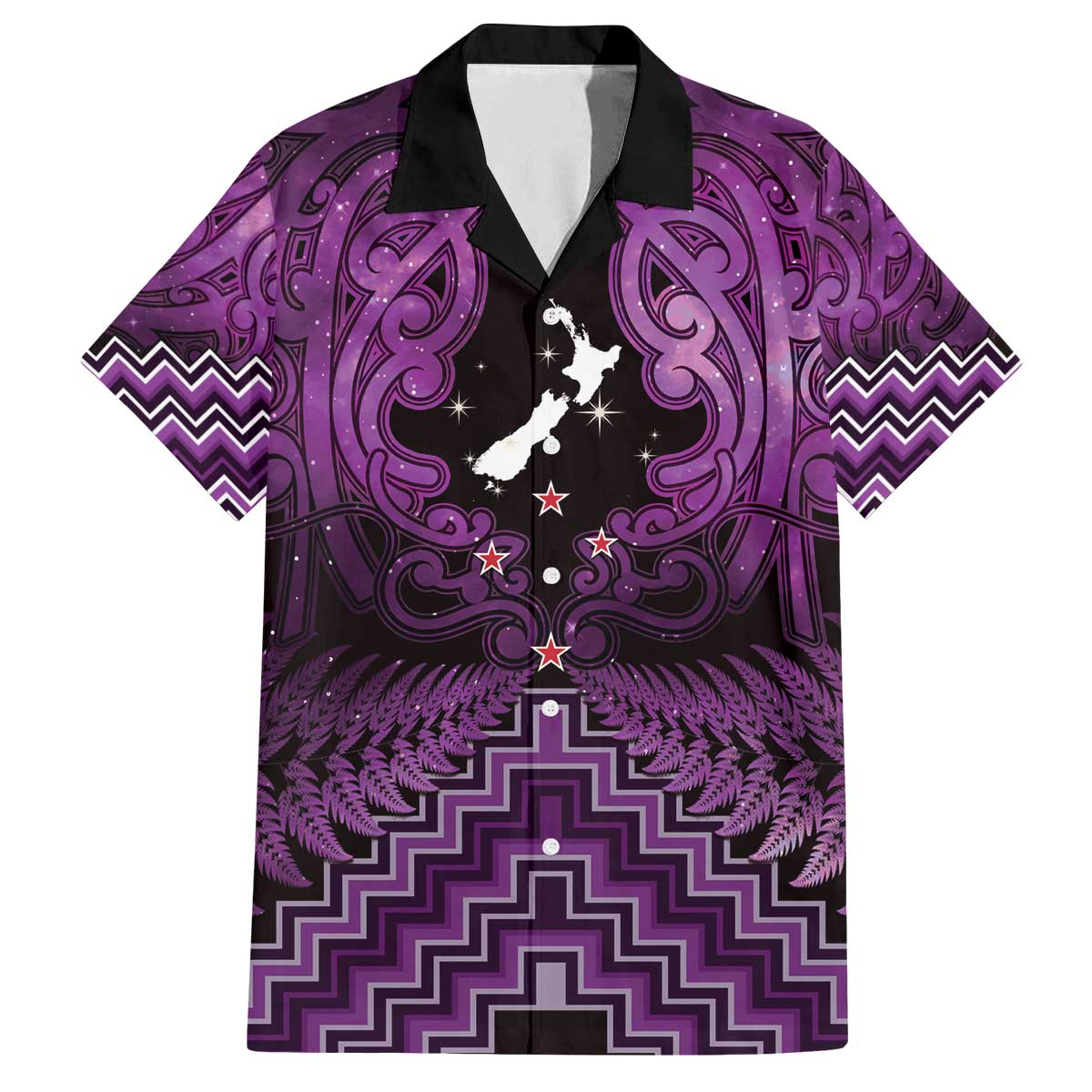 Personalised Aotearoa Matariki Family Matching Off The Shoulder Long Sleeve Dress and Hawaiian Shirt Purple Fern Maori Poutama