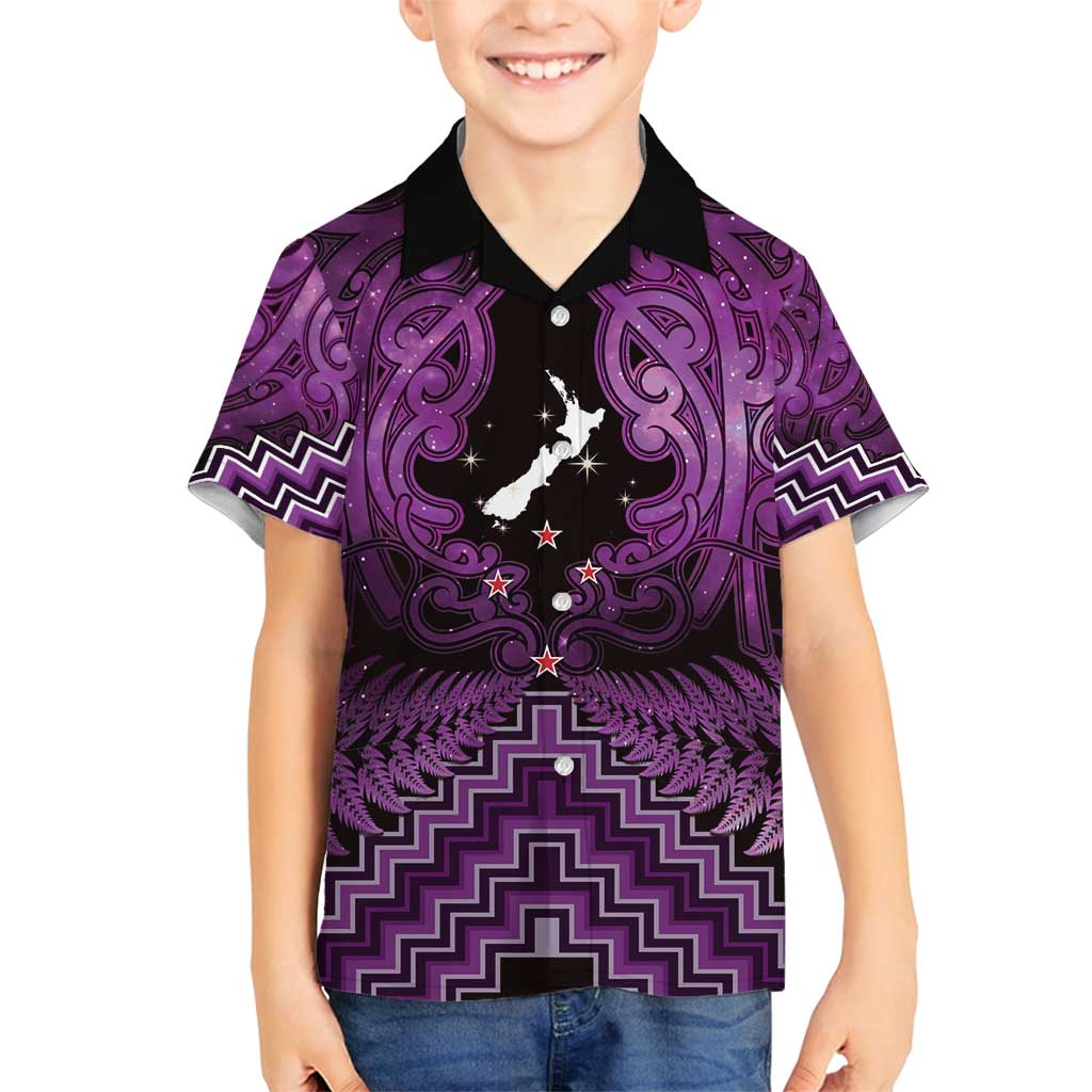 Personalised Aotearoa Matariki Family Matching Puletasi and Hawaiian Shirt Purple Fern Maori Poutama