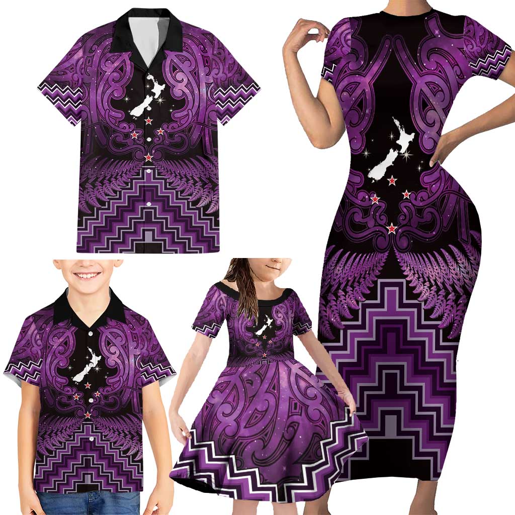 Personalised Aotearoa Matariki Family Matching Short Sleeve Bodycon Dress and Hawaiian Shirt Purple Fern Maori Poutama