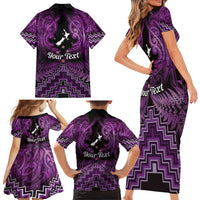 Personalised Aotearoa Matariki Family Matching Short Sleeve Bodycon Dress and Hawaiian Shirt Purple Fern Maori Poutama