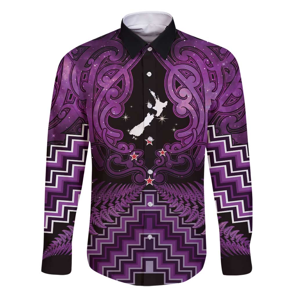Personalised Aotearoa Matariki Family Matching Short Sleeve Bodycon Dress and Hawaiian Shirt Purple Fern Maori Poutama