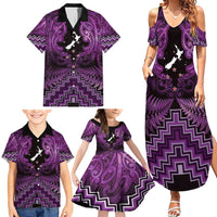 Personalised Aotearoa Matariki Family Matching Summer Maxi Dress and Hawaiian Shirt Purple Fern Maori Poutama