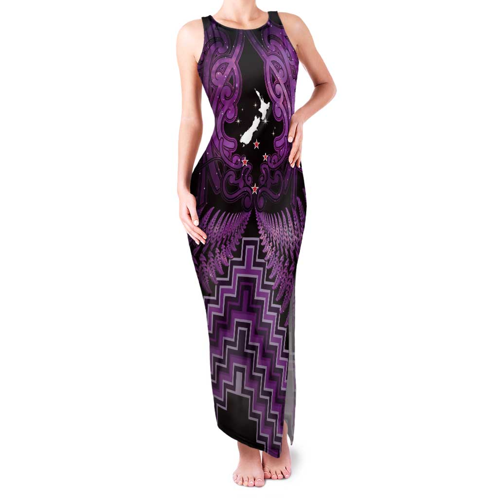 Personalised Aotearoa Matariki Family Matching Tank Maxi Dress and Hawaiian Shirt Purple Fern Maori Poutama