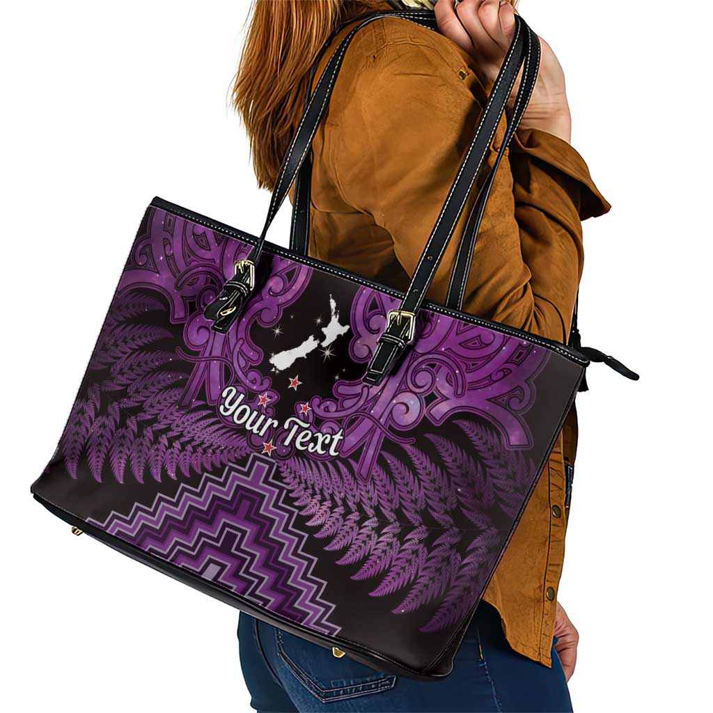 Personalised Aotearoa Matariki Leather Tote Bag Purple Fern Maori Poutama