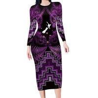 Personalised Aotearoa Matariki Long Sleeve Bodycon Dress Purple Fern Maori Poutama
