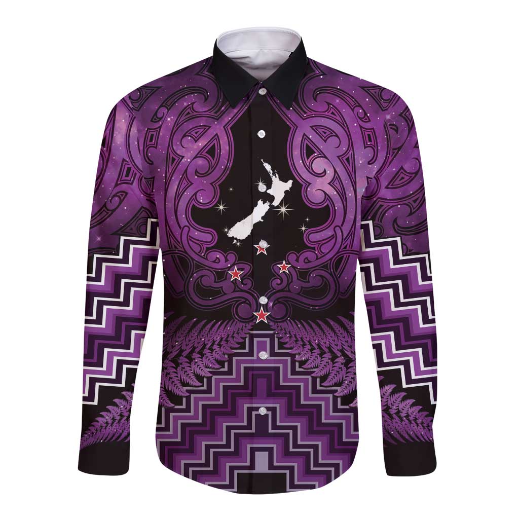 Personalised Aotearoa Matariki Long Sleeve Button Shirt Purple Fern Maori Poutama LT01 Unisex Purple - Polynesian Pride