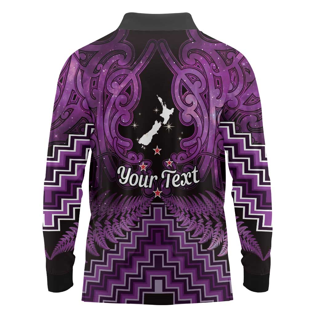 Personalised Aotearoa Matariki Long Sleeve Polo Shirt Purple Fern Maori Poutama