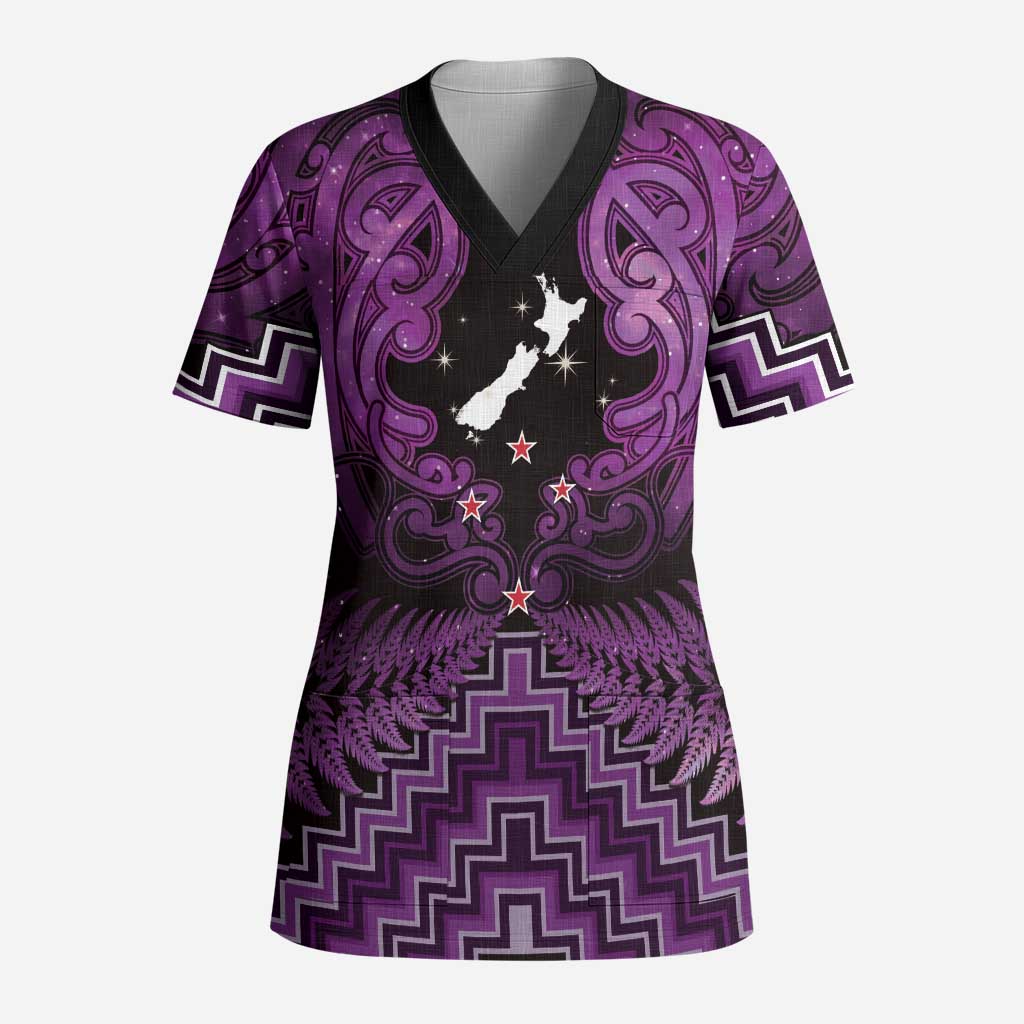 Personalised Aotearoa Matariki Scrub Top Purple Fern Maori Poutama - Polynesian Pride