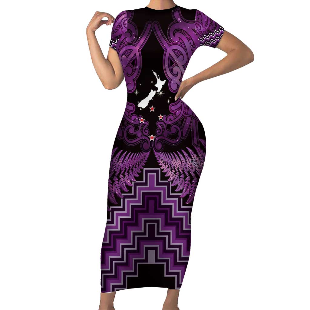 Personalised Aotearoa Matariki Short Sleeve Bodycon Dress Purple Fern Maori Poutama